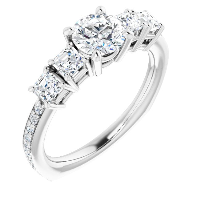 10K White Gold Customizable Round Cut 5-stone Style with Quad Round Accents plus Shared Prong Band
