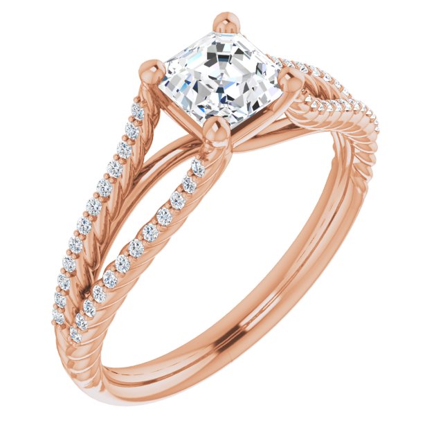 10K Rose Gold Customizable Asscher Cut Style with Split Band and Rope-Pavé
