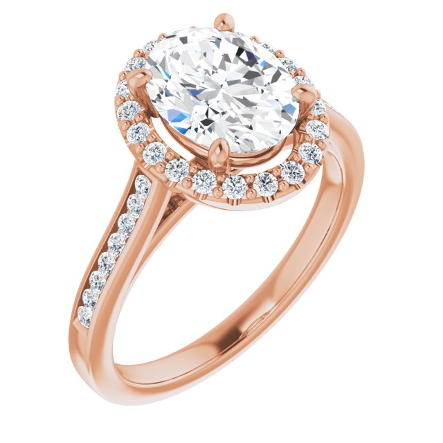 10K Rose Gold Customizable Oval Cut Design with Halo, Round Channel Band and Floating Peekaboo Accents