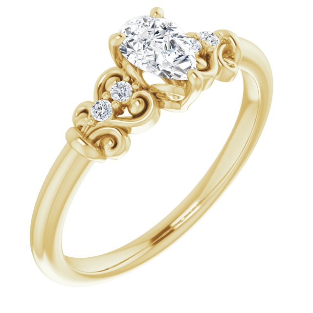 10K Yellow Gold Customizable Vintage 5-stone Design with Pear Cut Center and Artistic Band Décor
