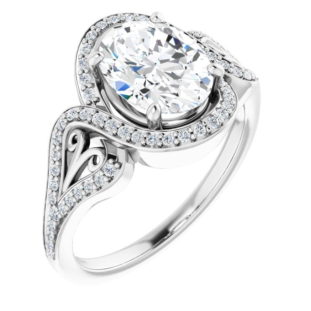 10K White Gold Customizable Oval Cut Design with Bypass Halo and Split-Shared Prong Band