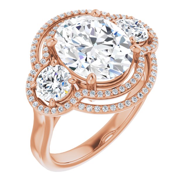 10K Rose Gold Customizable Cathedral-set Enhanced 3-stone Oval Cut Design with Multidirectional Halo