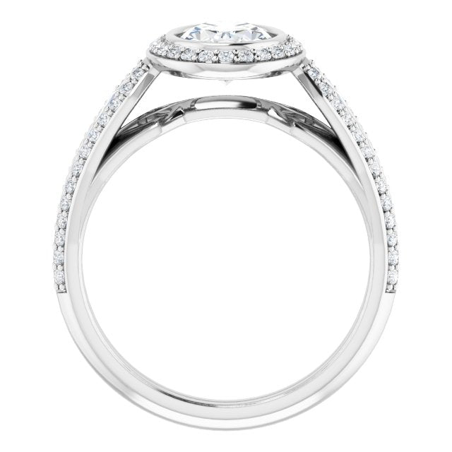 Cubic Zirconia Engagement Ring- The Alekhya (Customizable Cathedral-Bezel Oval Cut Design with Halo, Split-Pavé Band & Channel Baguettes)