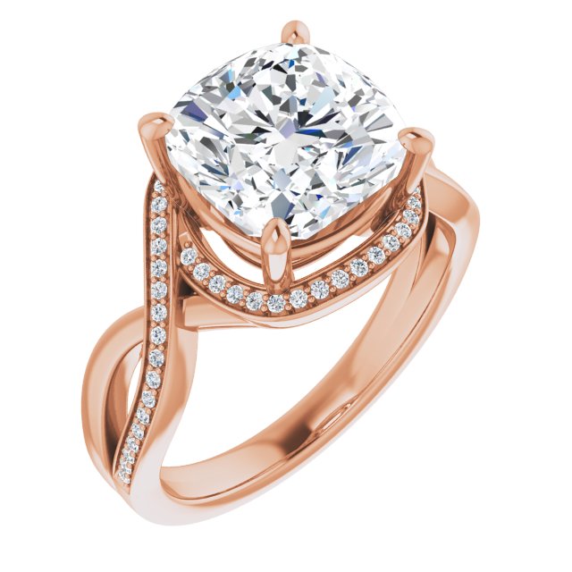 10K Rose Gold Customizable Bypass-Halo-Accented Cushion Cut Center with Twisting Split Shared Prong Band