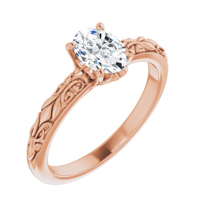 10K Rose Gold Customizable Oval Cut Solitaire featuring Delicate Metal Scrollwork