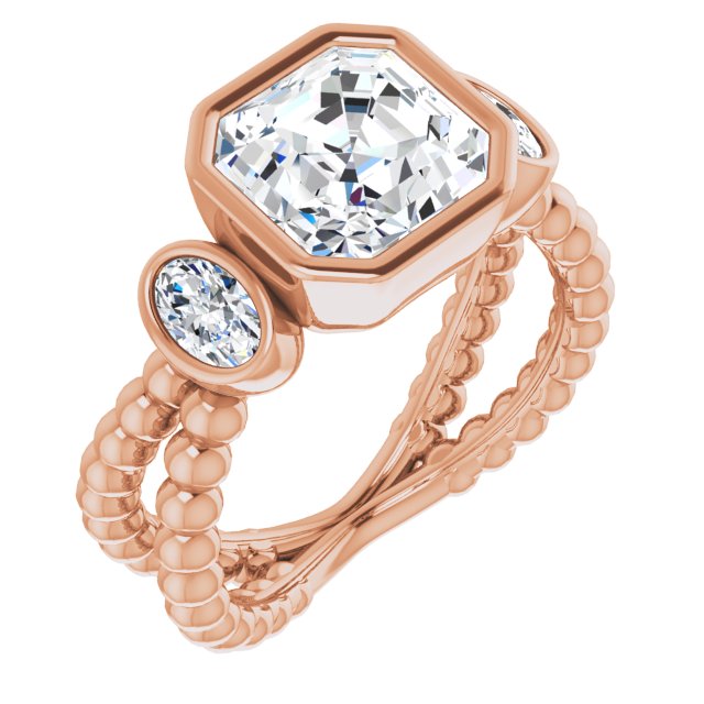 10K Rose Gold Customizable 3-stone Asscher Cut Design with 2 Oval Cut Side Stones and Wide, Bubble-Bead Split-Band