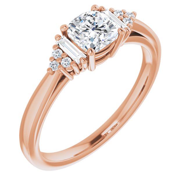 10K Rose Gold Customizable 9-stone Design with Cushion Cut Center, Side Baguettes and Tri-Cluster Round Accents