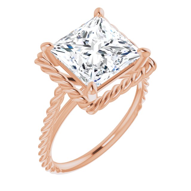 10K Rose Gold Customizable Cathedral-set Princess/Square Cut Solitaire with Thin Rope-Twist Band