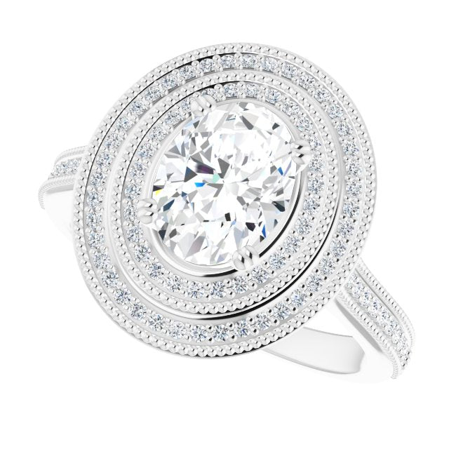 Cubic Zirconia Engagement Ring- The Aubriella (Customizable Oval Cut Design with Elegant Double Halo, Houndstooth Milgrain and Band-Channel Accents)