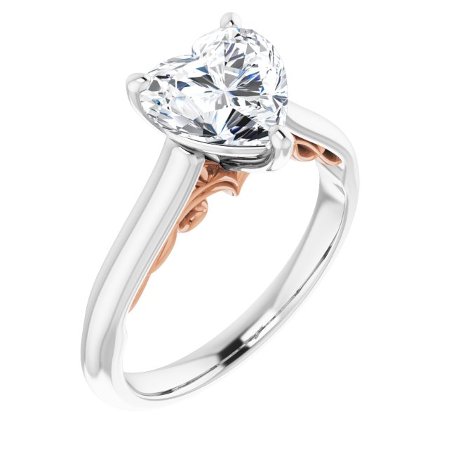 14K White & Rose Gold Customizable Heart Cut Cathedral Solitaire with Two-Tone Option Decorative Trellis 'Down Under'