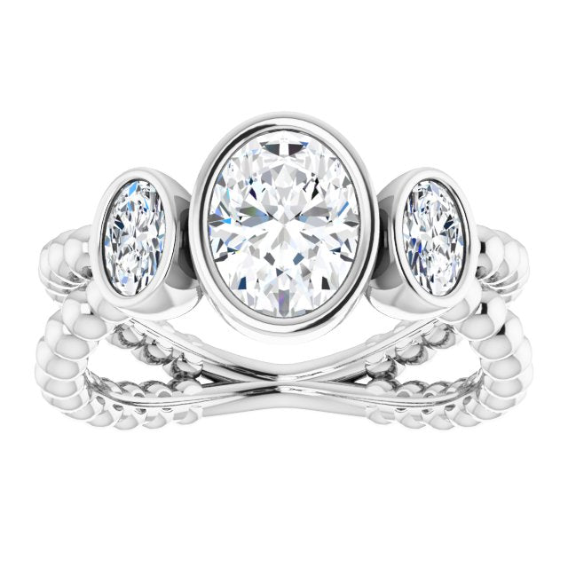 Cubic Zirconia Engagement Ring- The a'Malisa (Customizable 3-stone Oval Cut Design with 2 Oval Cut Side Stones and Wide, Bubble-Bead Split-Band)