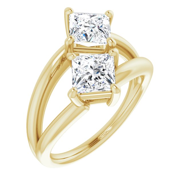 10K Yellow Gold Customizable Two Stone Double Princess/Square Cut Design with Split Bypass Band