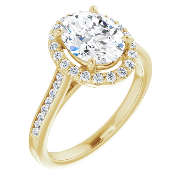10K Yellow Gold Customizable Oval Cut Design with Halo, Round Channel Band and Floating Peekaboo Accents
