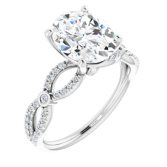 10K White Gold Customizable Oval Cut Design with Infinity-inspired Split Pavé Band and Bezel Peekaboo Accents