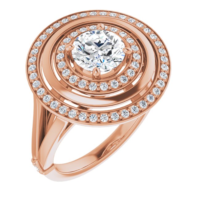10K Rose Gold Customizable Round Cut Oversized 2x Halo Style with Knuckle Accented Split Band