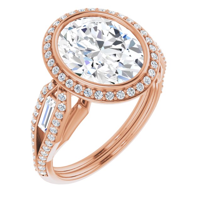 18K Rose Gold Customizable Cathedral-Bezel Oval Cut Design with Halo, Split-Pavé Band & Channel Baguettes