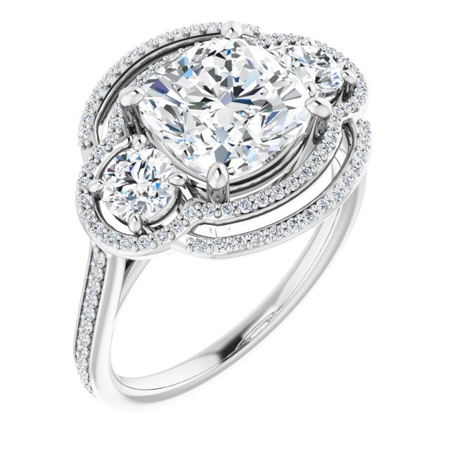 10K White Gold Customizable Enhanced 3-stone Double-Halo Style with Cushion Cut Center and Thin Band