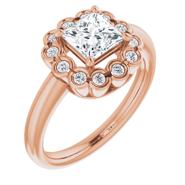 10K Rose Gold Customizable 13-stone Princess/Square Cut Design with Floral-Halo Round Bezel Accents