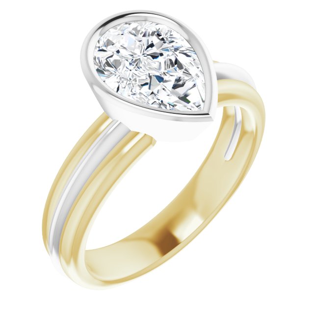14K Yellow & White Gold Customizable Bezel-set Pear Cut Solitaire with Grooved Band