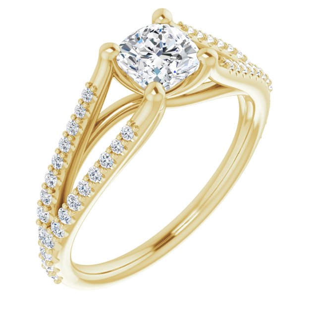 10K Yellow Gold Customizable Cathedral-raised Cushion Cut Center with Exquisite Accented Split-band