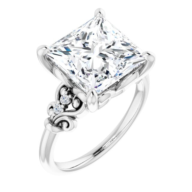 10K White Gold Customizable Vintage 5-stone Design with Princess/Square Cut Center and Artistic Band Décor