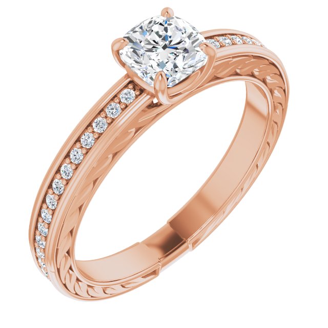10K Rose Gold Customizable Cushion Cut Design with Rope-Filigree Hammered Inlay & Round Channel Accents