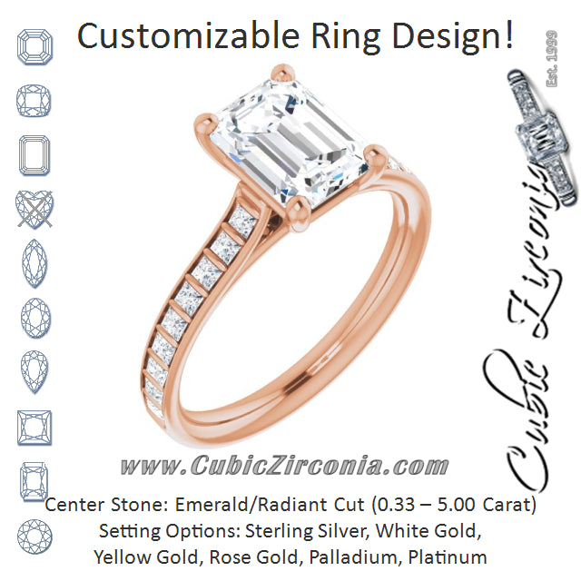 Cubic Zirconia Engagement Ring- The Gloria (Customizable Radiant Cut Style with Princess Channel Bar Setting)