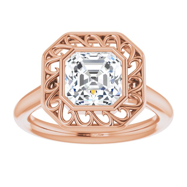 Cubic Zirconia Engagement Ring- The Addie (Customizable Cathedral-Bezel Style Asscher Cut Solitaire with Flowery Filigree)