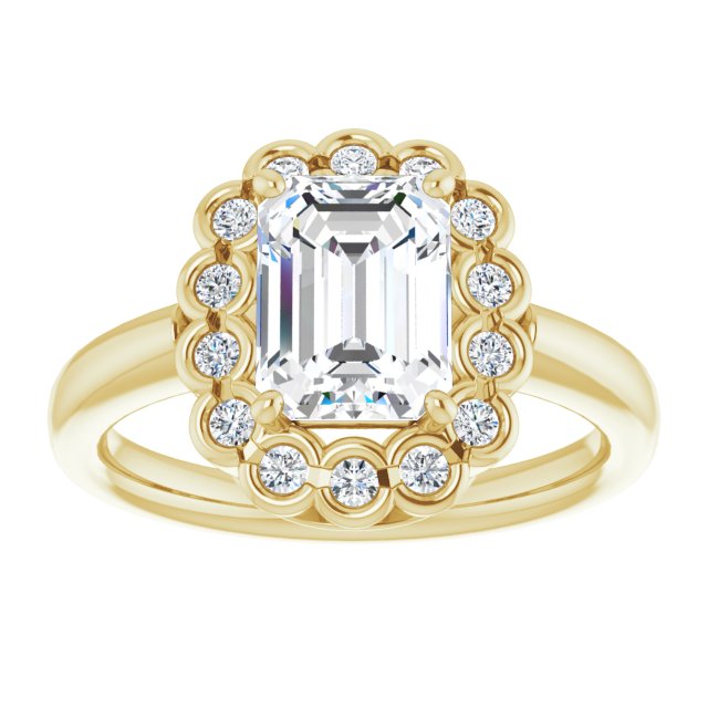 Cubic Zirconia Engagement Ring- The Aabha (Customizable 13-stone Emerald Cut Design with Floral-Halo Round Bezel Accents)