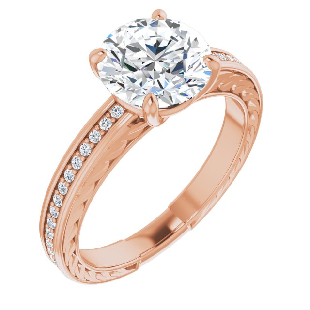 18K Rose Gold Customizable Round Cut Design with Rope-Filigree Hammered Inlay & Round Channel Accents