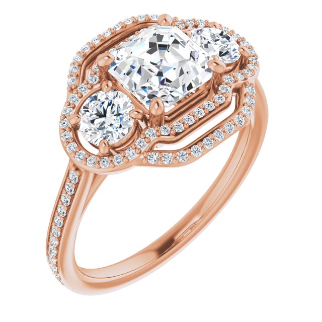 10K Rose Gold Customizable Enhanced 3-stone Double-Halo Style with Asscher Cut Center and Thin Band