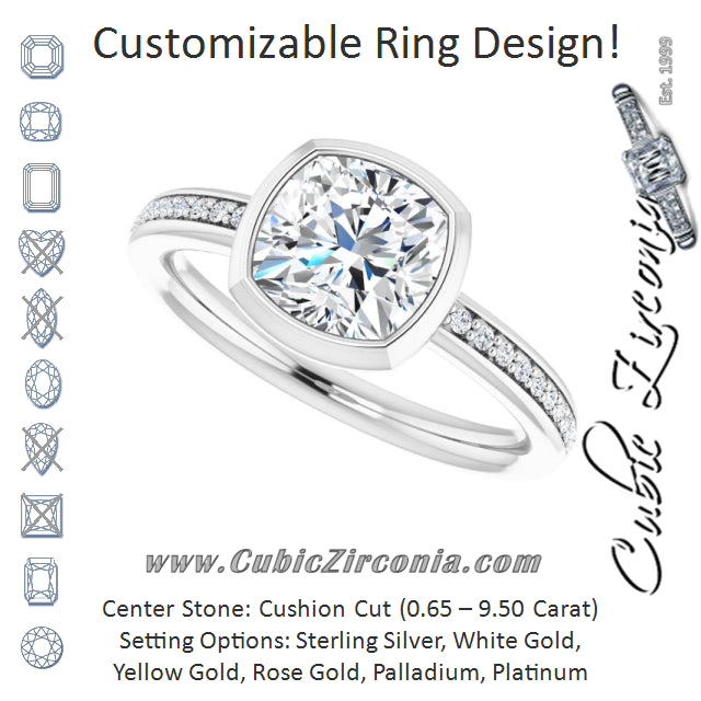 Cubic Zirconia Engagement Ring- The Greta (Customizable Bezel-Set Cushion Cut Center with Thin Shared Prong Band)