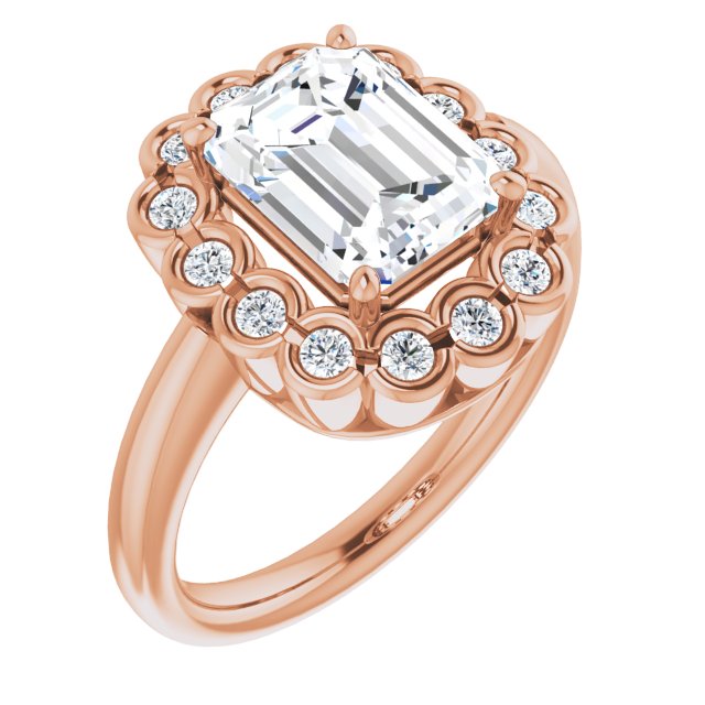 10K Rose Gold Customizable 13-stone Emerald/Radiant Cut Design with Floral-Halo Round Bezel Accents