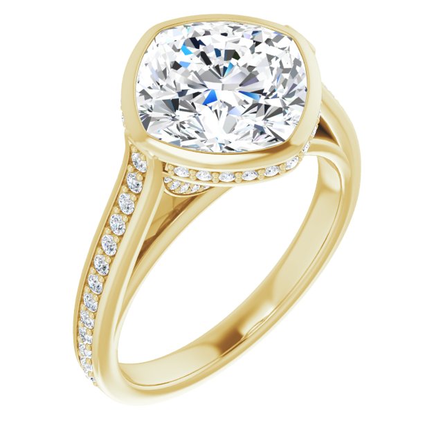 10K Yellow Gold Customizable Cathedral-Bezel Cushion Cut Design with Under Halo and Shared Prong Band