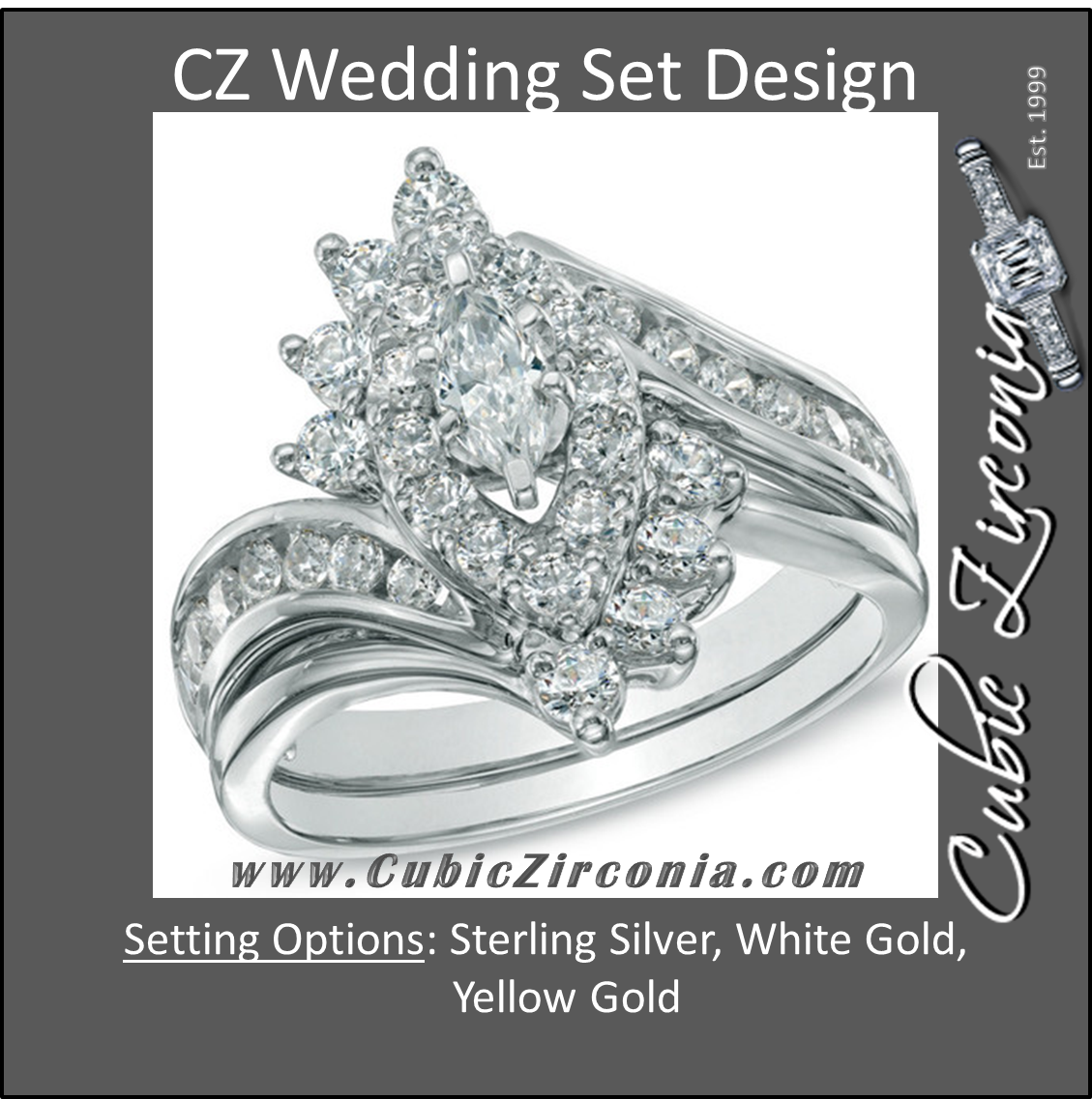 CZ Wedding Set, Style 11-55 feat The Amanda Engagement Ring (Marquise Bypass Cluster)