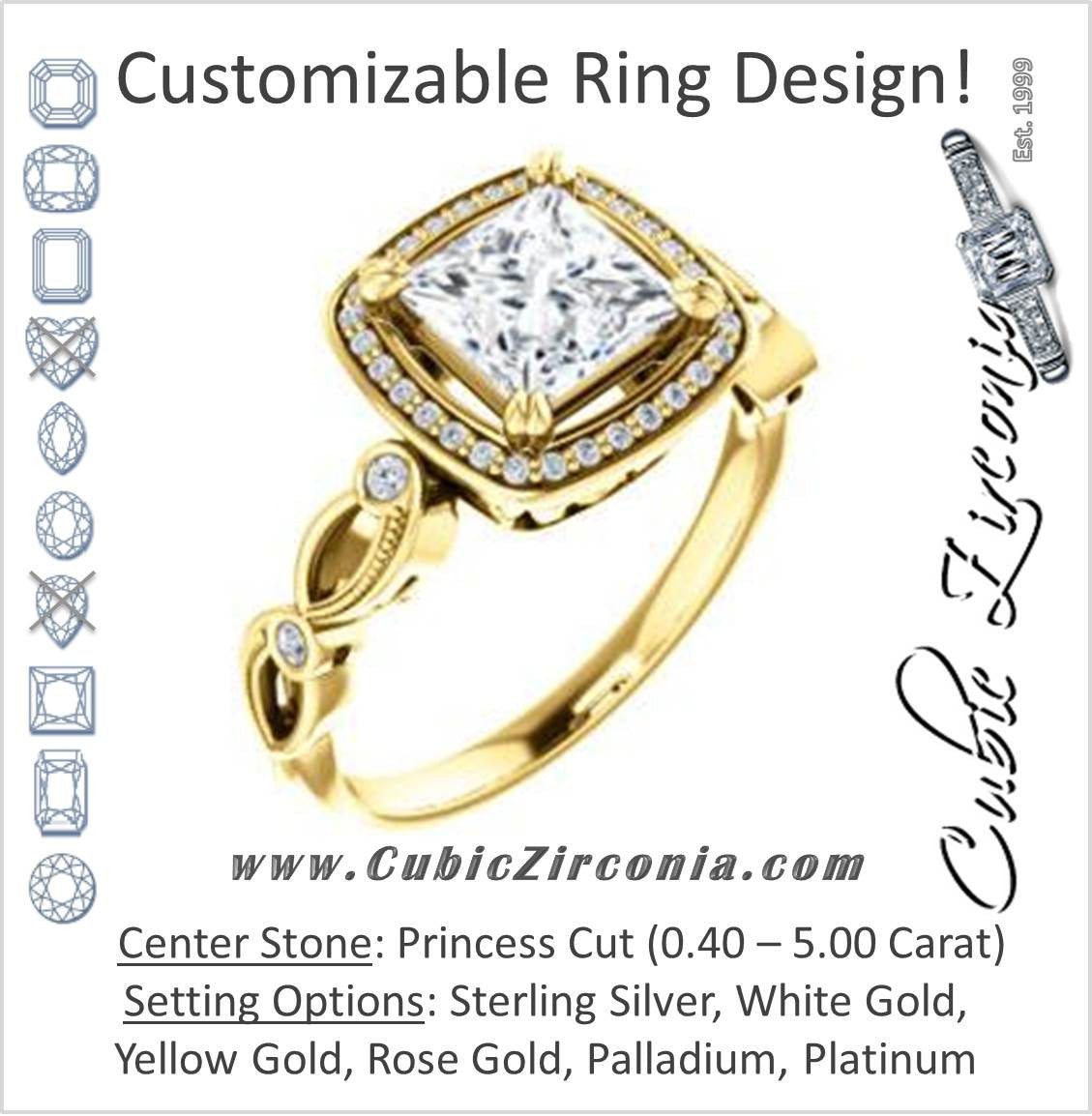 Cubic Zirconia Engagement Ring- The Angela (Customizable Whimsical Sculpture Halo-Style with Princess Center)