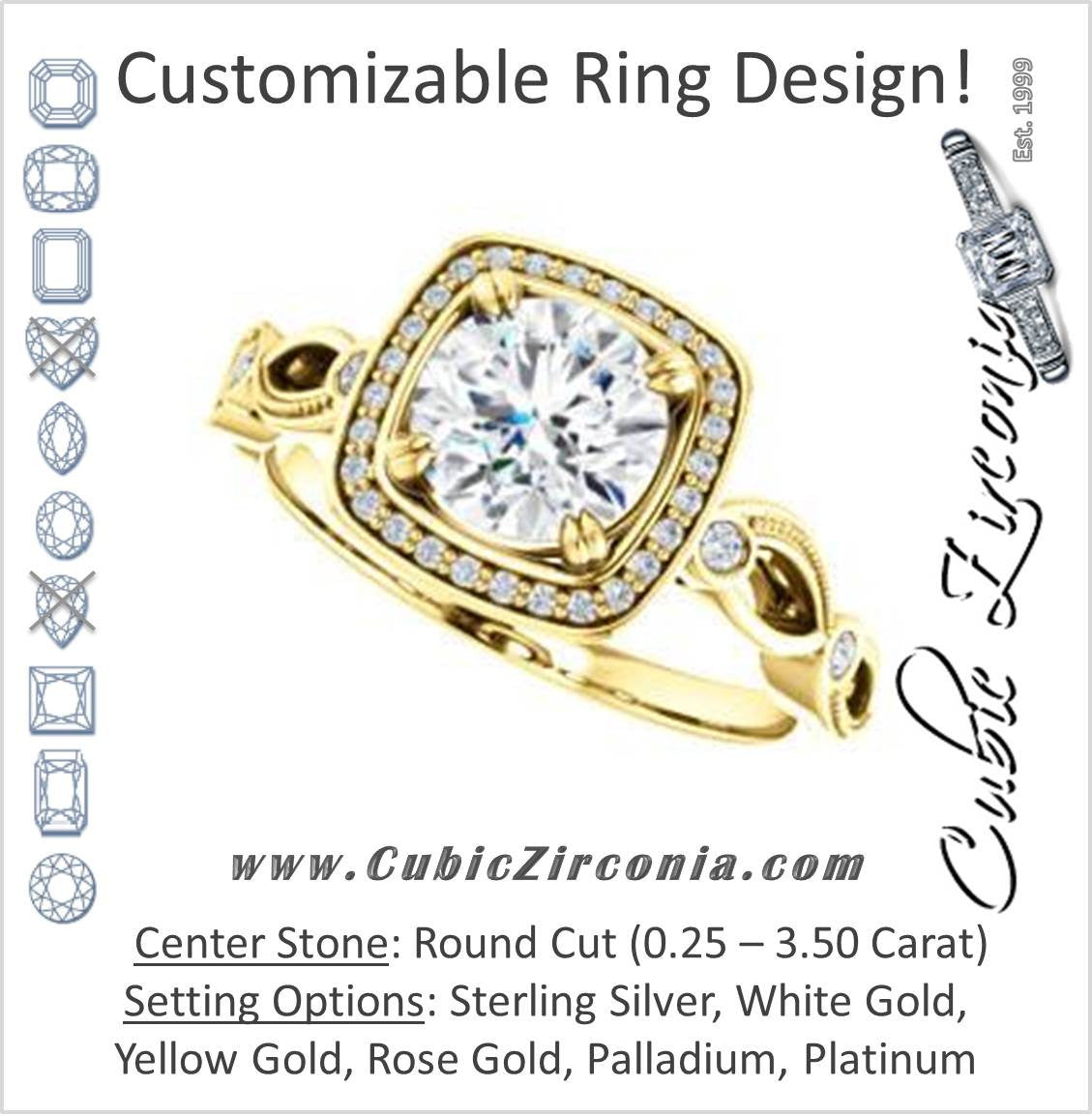 Cubic Zirconia Engagement Ring- The Angela (Customizable Whimsical Sculpture Halo-Style with Round Center)