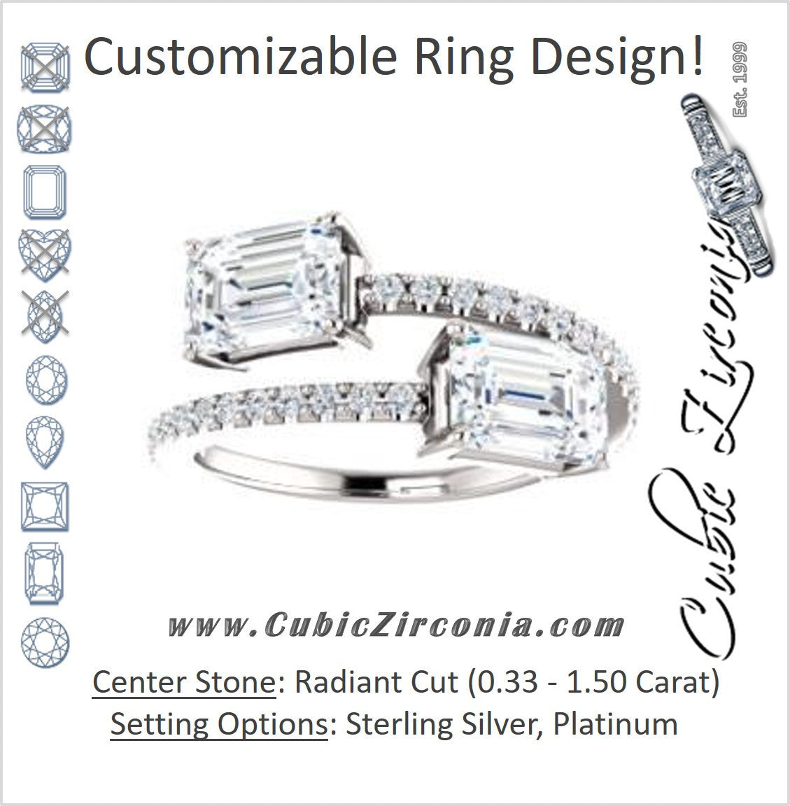 Cubic Zirconia Engagement Ring- The Anniston (Customizable 2-stone Radiant Cut Design Enhanced by Artisan Split-Pavé Band)