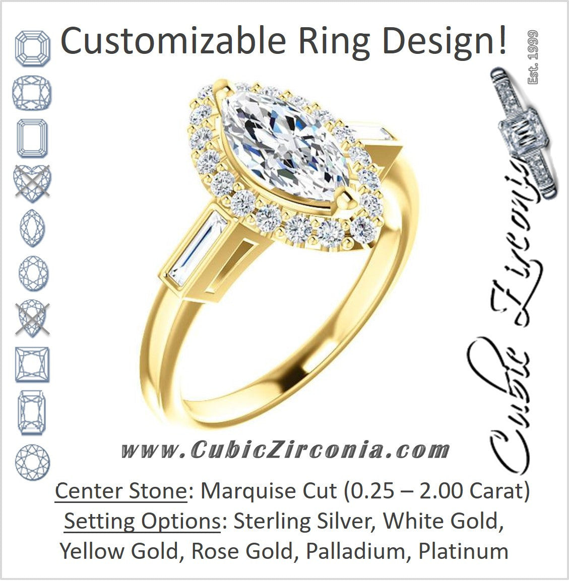 Cubic Zirconia Engagement Ring- The Azariah (Customizable Cathedral Marquise Cut Design with Halo and Straight Baguettes)