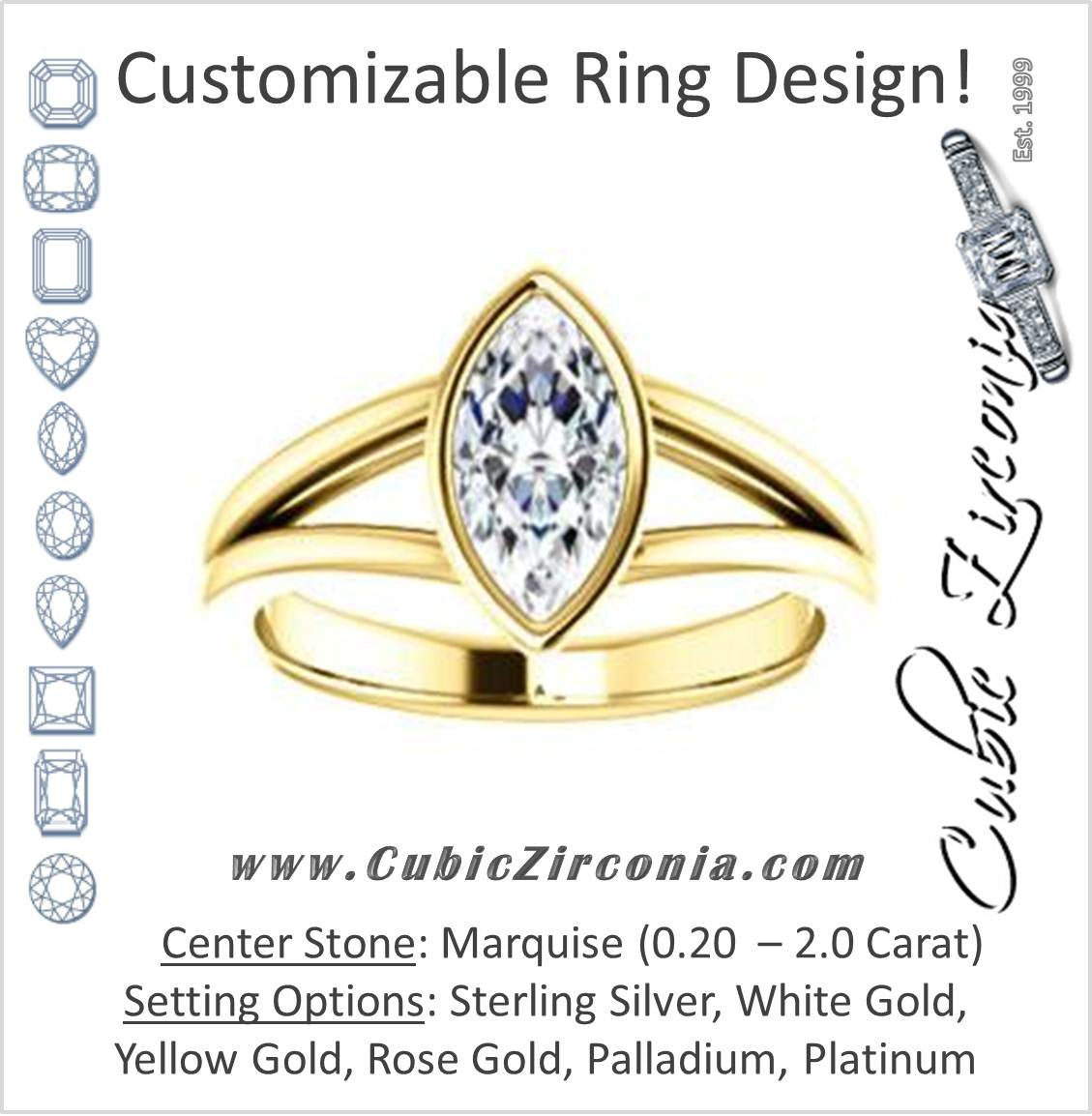 Cubic Zirconia Engagement Ring- The Bernadine (Customizable Bezel-set Marquise Cut with V-Split Band)