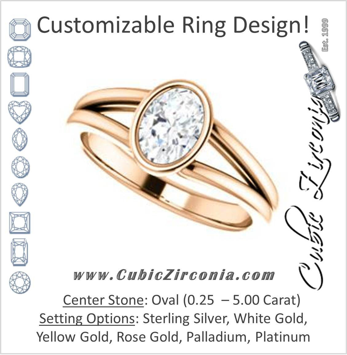 Cubic Zirconia Engagement Ring- The Bernadine (Customizable Bezel-set Oval Cut with V-Split Band)