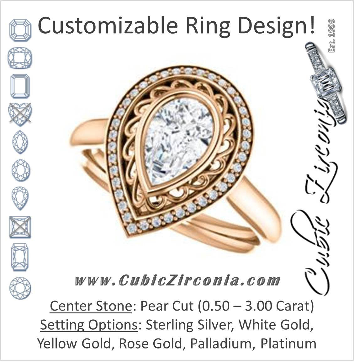 Cubic Zirconia Engagement Ring- The Bessie (Customizable Cathedral-Bezel Pear Cut Design with Flowery Filigree and Halo)