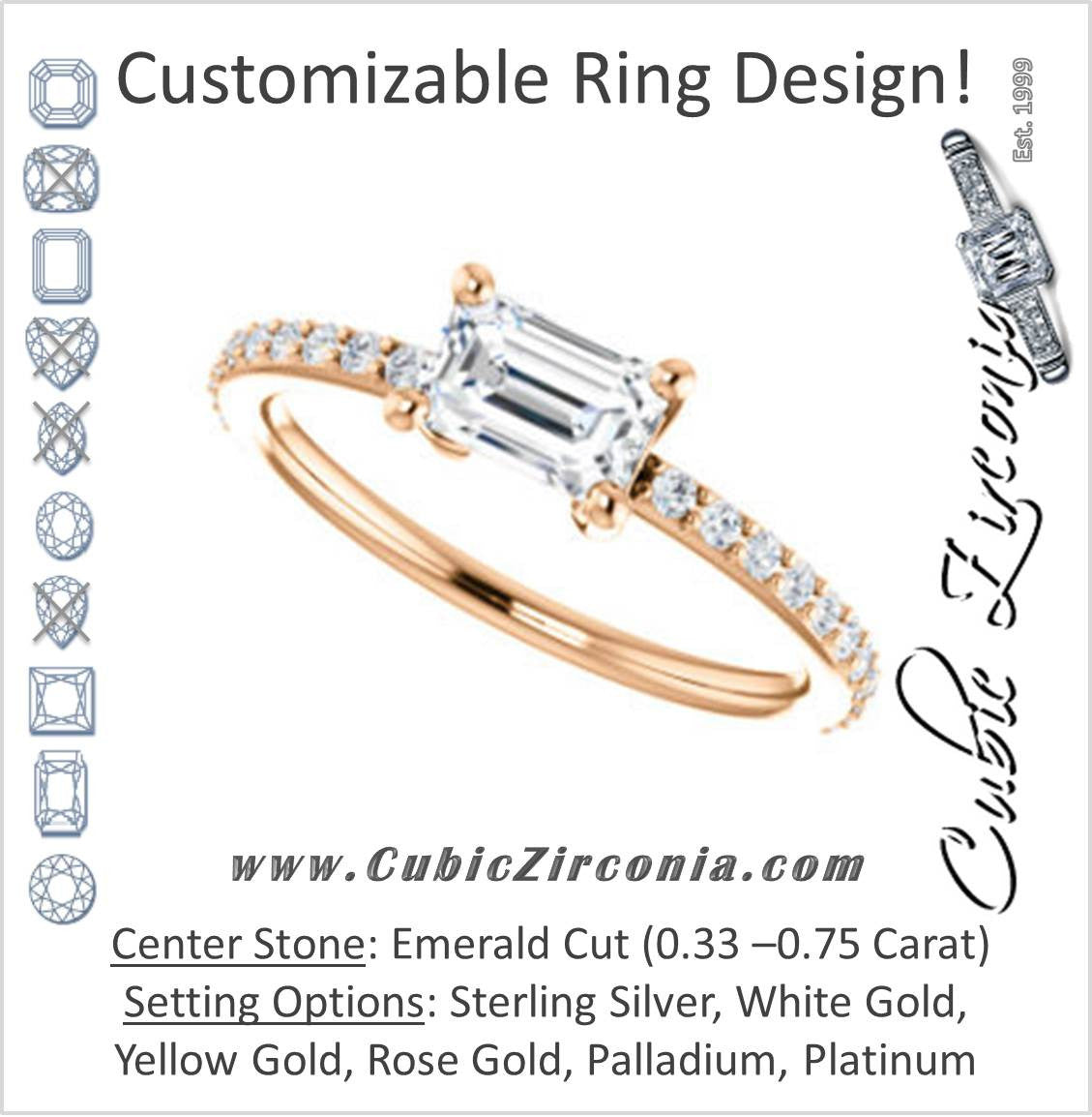 Cubic Zirconia Engagement Ring- The Blaire (Customizable Emerald Cut with Petite Pavé Band)