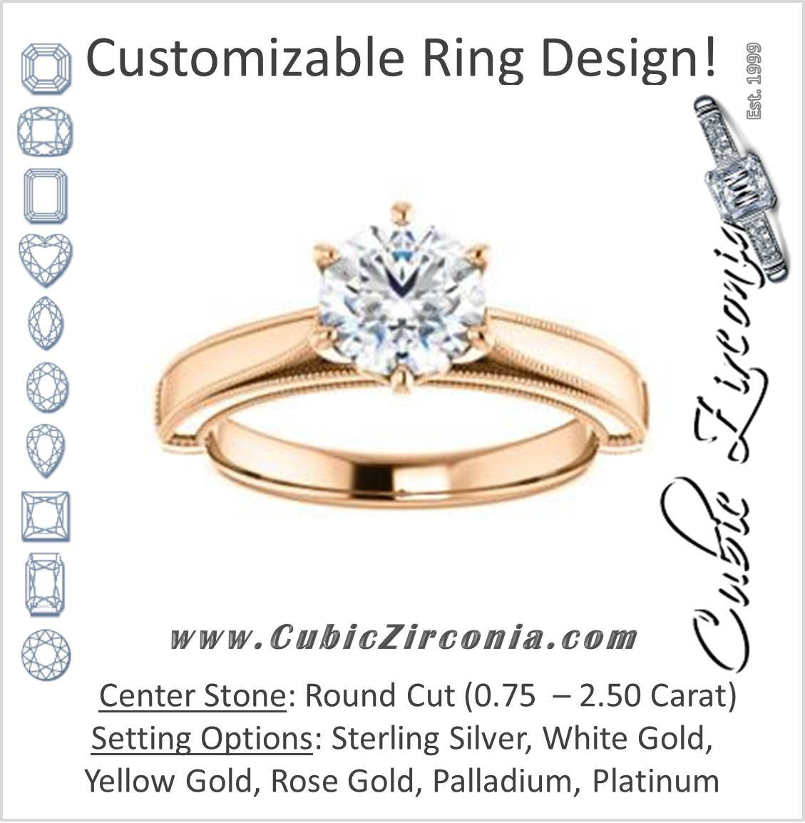 Cubic Zirconia Engagement Ring- The Britney (Customizable Round Cut Decorative-Pronged Cathedral Solitaire with Fine Milgrain Band)