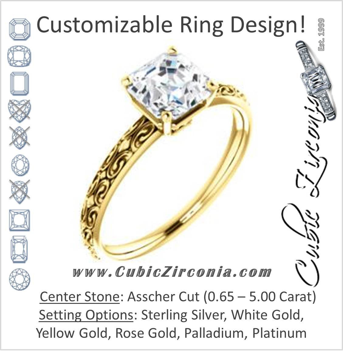 Cubic Zirconia Engagement Ring- The Brittney (Customizable Asscher Cut Solitaire with Scrolled Engraving)