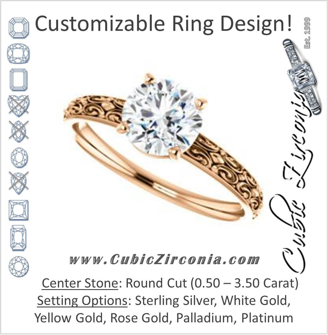Cubic Zirconia Engagement Ring- The Brittney (Customizable Round Cut Solitaire with Scrolled Engraving)