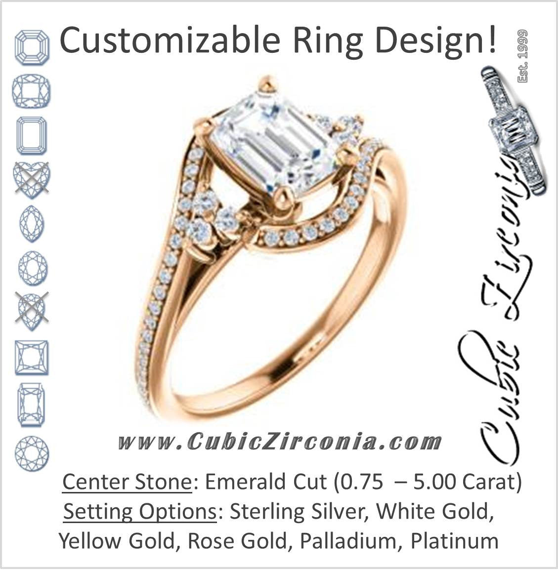 Cubic Zirconia Engagement Ring- The Candie (Customizable Emerald Cut with Artisan Bypass Pavé and 7-stone Cluster)