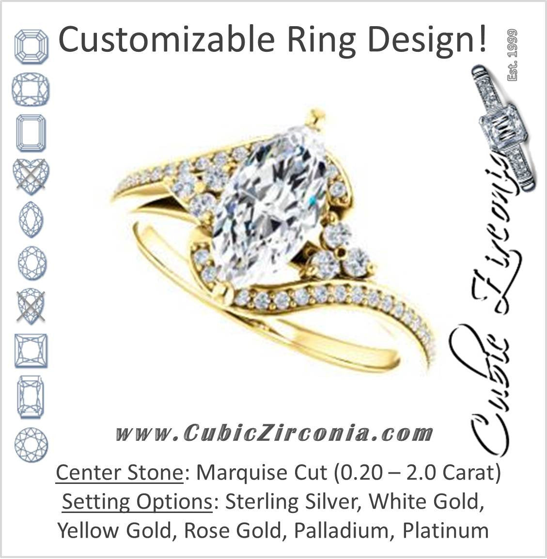Cubic Zirconia Engagement Ring- The Candie (Customizable Marquise Cut with Artisan Bypass Pavé and 7-stone Cluster)
