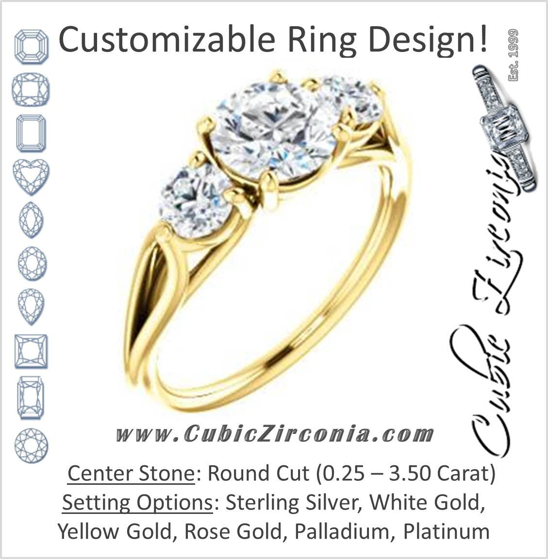 Cubic Zirconia Engagement Ring- The Estefi (Customizable Cathedral-set Round Cut 3-stone Design with Round Accents & Split Band)