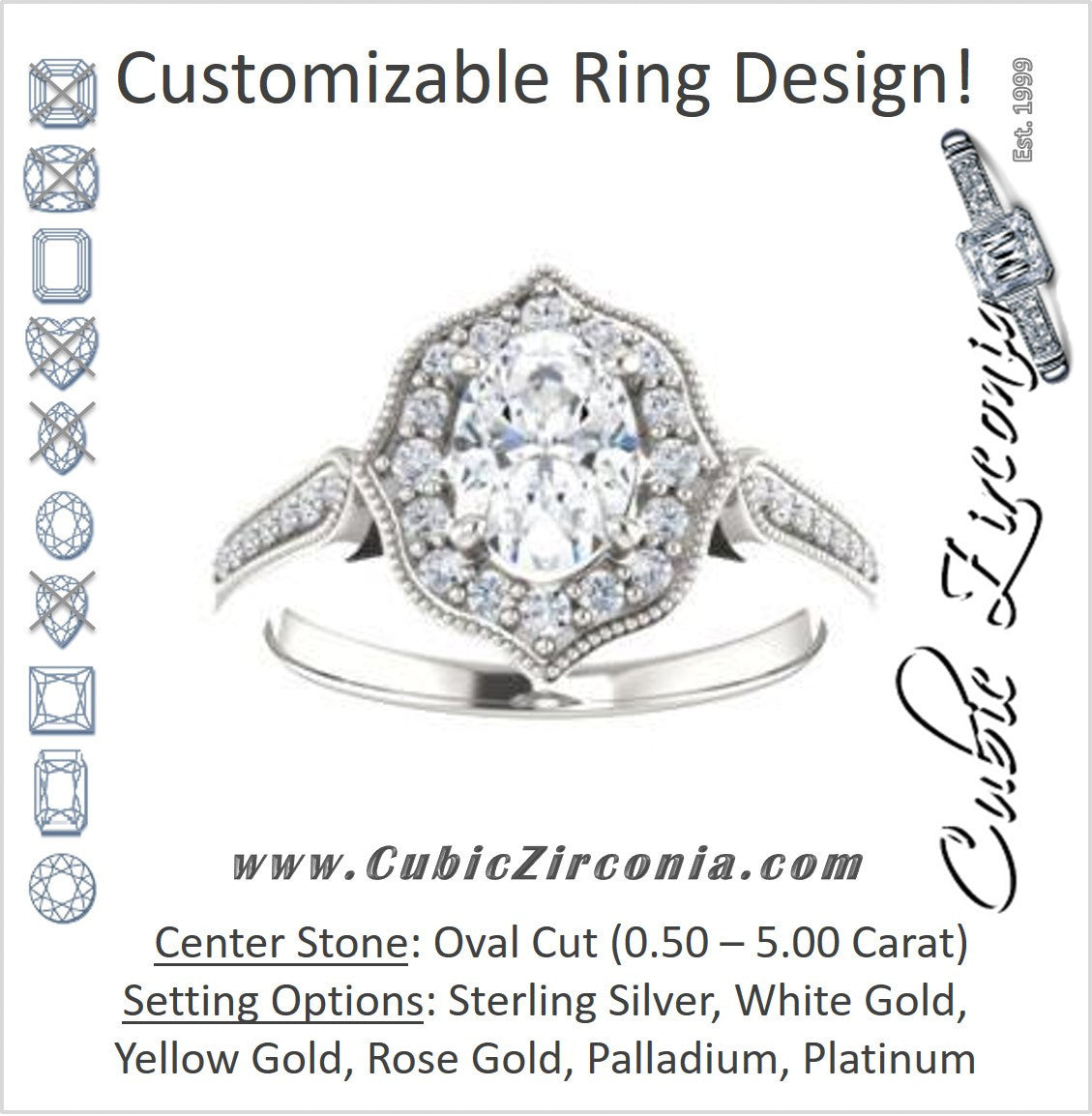 Cubic Zirconia Engagement Ring- The Faida (Customizable Cathedral-set Oval Cut Design with Halo and Milgrained Pavé Band)